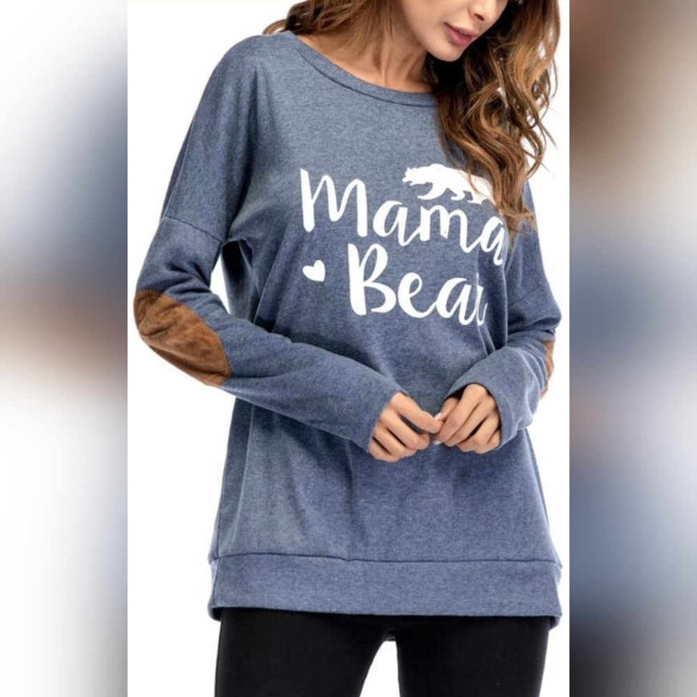 Mama Bear Blue Sweatshirt w Faux-Suede Elbow Patches S EUC